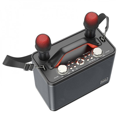 Акустична система портативна Hoco BS57 Jenny Dual Mic Wireless Karaoke, односмугова, 25 Вт, Bluetooth 5.0, 4800 мАг, 8 годин <tc>автономн. роботи</tc>, 2 бездротові мікрофони