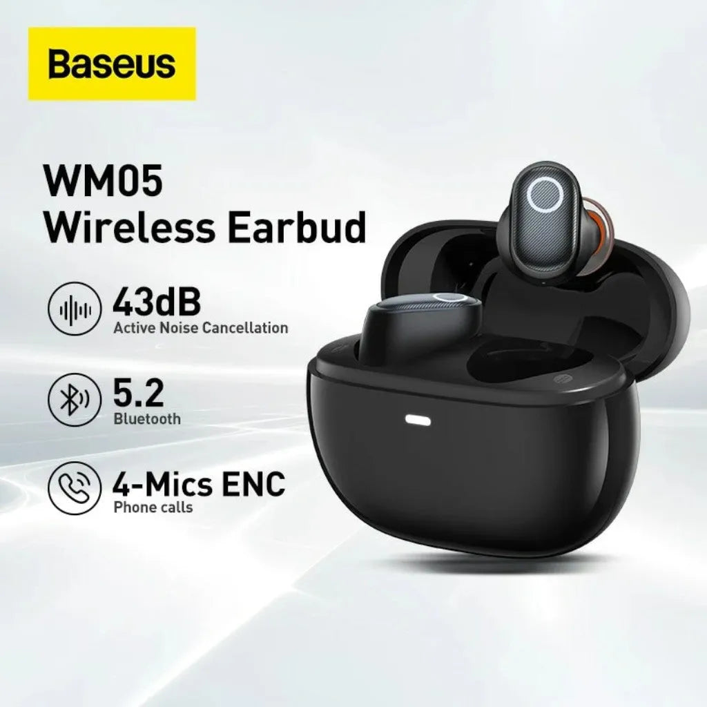 <tc>Бездротові навушники TWS Baseus Bowie WM05, вакуумні, активне шумозаглушення, 400/35 мАг, 28/5 годин автономн. роботи, 4 мікрофони, регулятор гучності, сенсорне/голосове керув-ня, Bluetooth 5.2, HiFi, Fast Charge</tc>