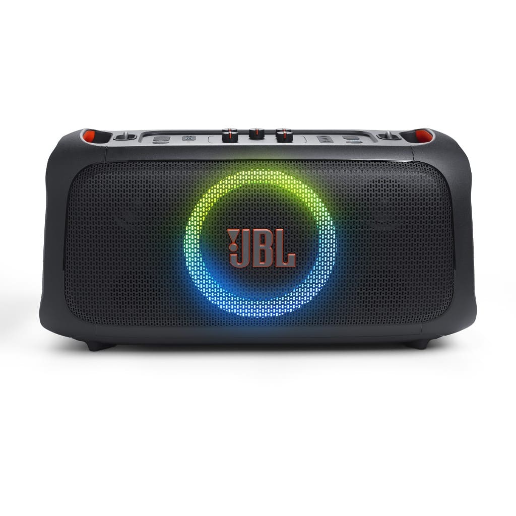Акустическая система портативная JBL серии PartyBox On-The-Go Essential, двухполосная, 100 Вт, 50 Гц-20 кГц, 2500 мАч, 6 часов автономн. работы, Bluetooth 4.2, беспроводной микрофон, влагозащита IPX4, подсветка