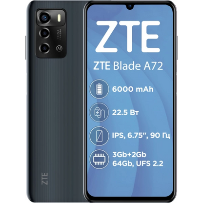 Смартфон ZTE Blade A72 3/64 Гб, 4G, Android 11, IPS 6.74", 2 Nano-SIM, 5 Мп фр. кам., 13+2+2 Мп тройн. осн. кам., micro SD, 6000 мАч, NFC в магазине articool.com.ua.