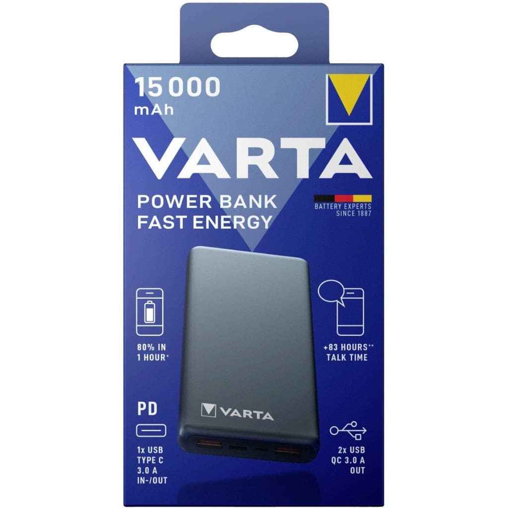 Портативная батарея Varta Fast Energy 10000/15000 mAh Gray, 2xUSB А (QC) + 1xUSB С, интеллектуальная быстрая зарядка, индикатор уровня заряда, кабель USB-Type C в магазине articool.com.ua.