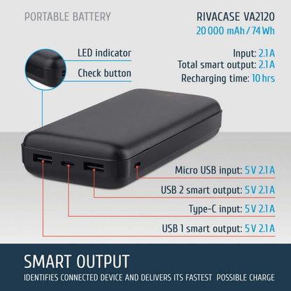 Портативная батарея Rivacase VA2120 20000 mAh, 2xUSB A, индикатор уровня заряда, кабель Micro-USB в магазине articool.com.ua.