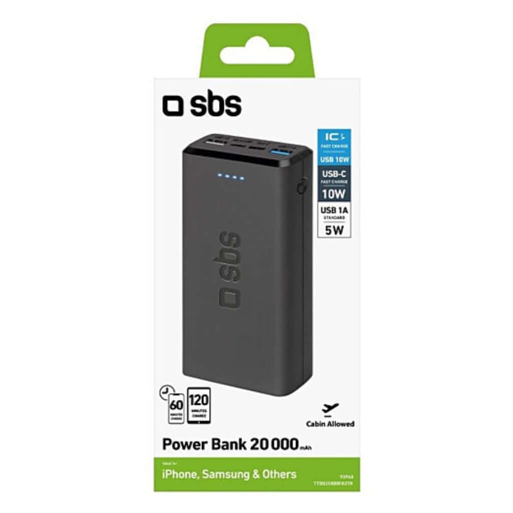 Портативная батарея SBS 20000 mAh 2.1 A (8018417293948), 2xUSB A + 1xUSB C, 10W USB-A, быстрая зарядка, индикатор уровня заряда, кабель Micro-USB в магазине articool.com.ua.