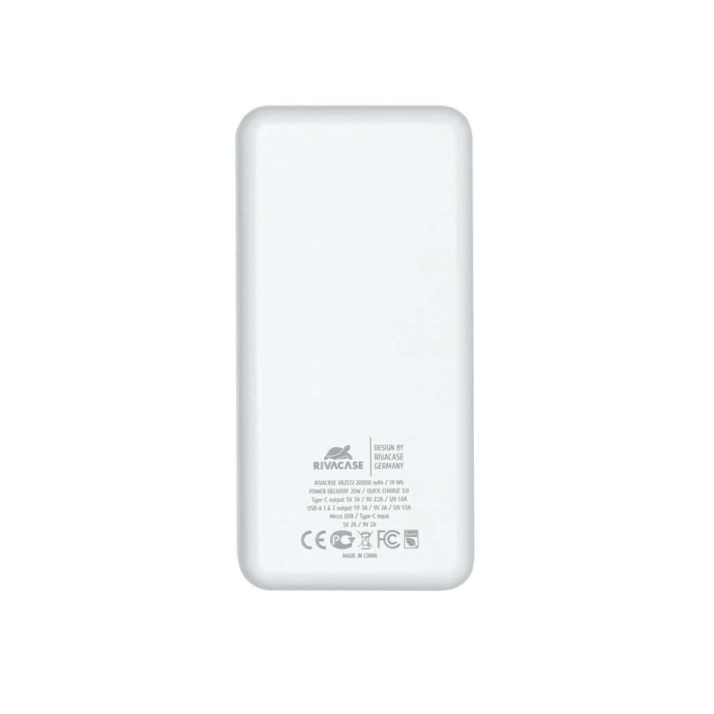 Портативная батарея Rivacase VA2572 20000 mAh QC/PD White, 2xUSB A + 1xUSB C, Quick Charge 3.0, индикатор уровня заряда, кабель Micro-USB в магазине articool.com.ua.